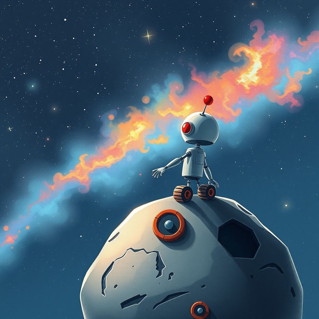 El pequeño robot y la nebulosa de colores