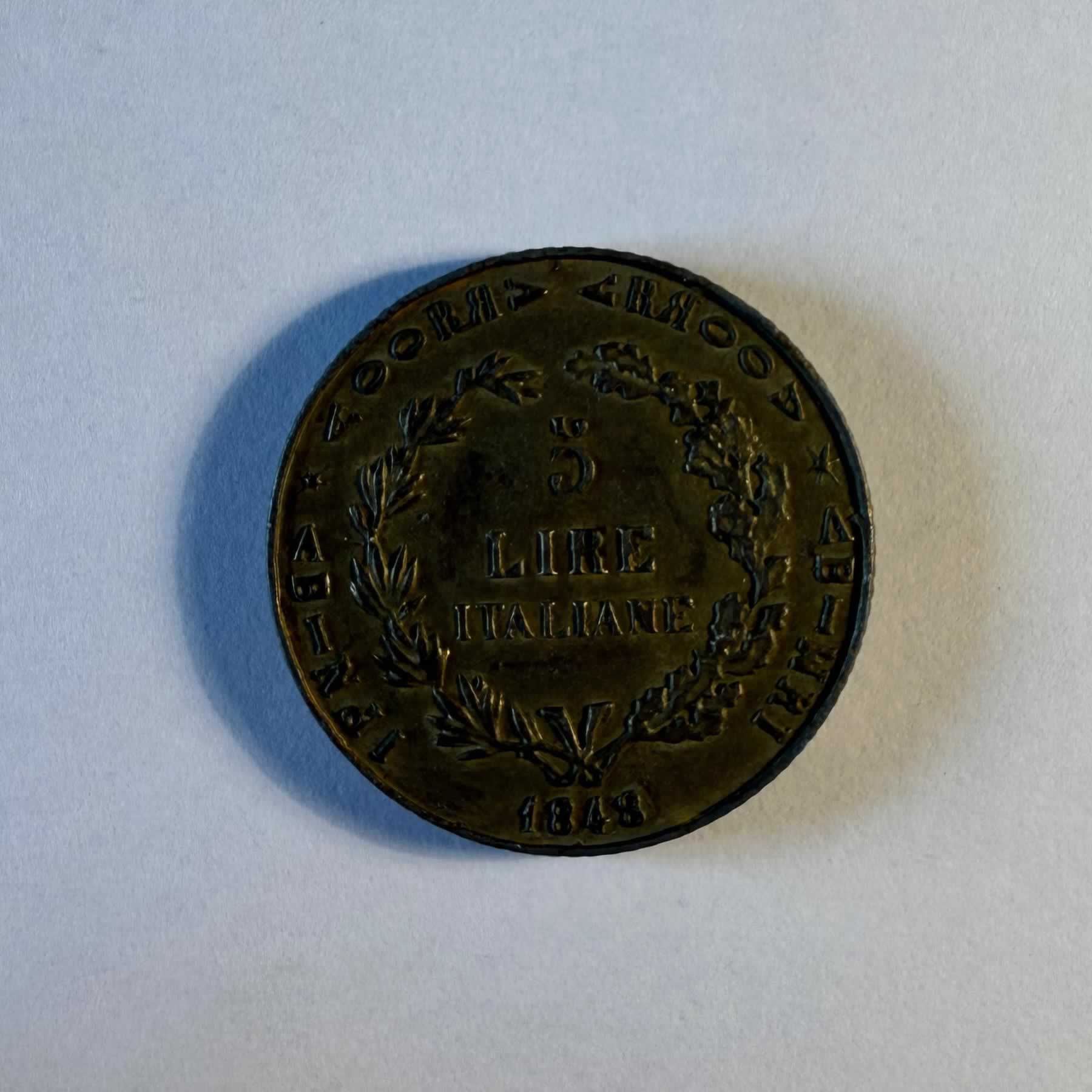 Anverso de 5 Liras, 1848
