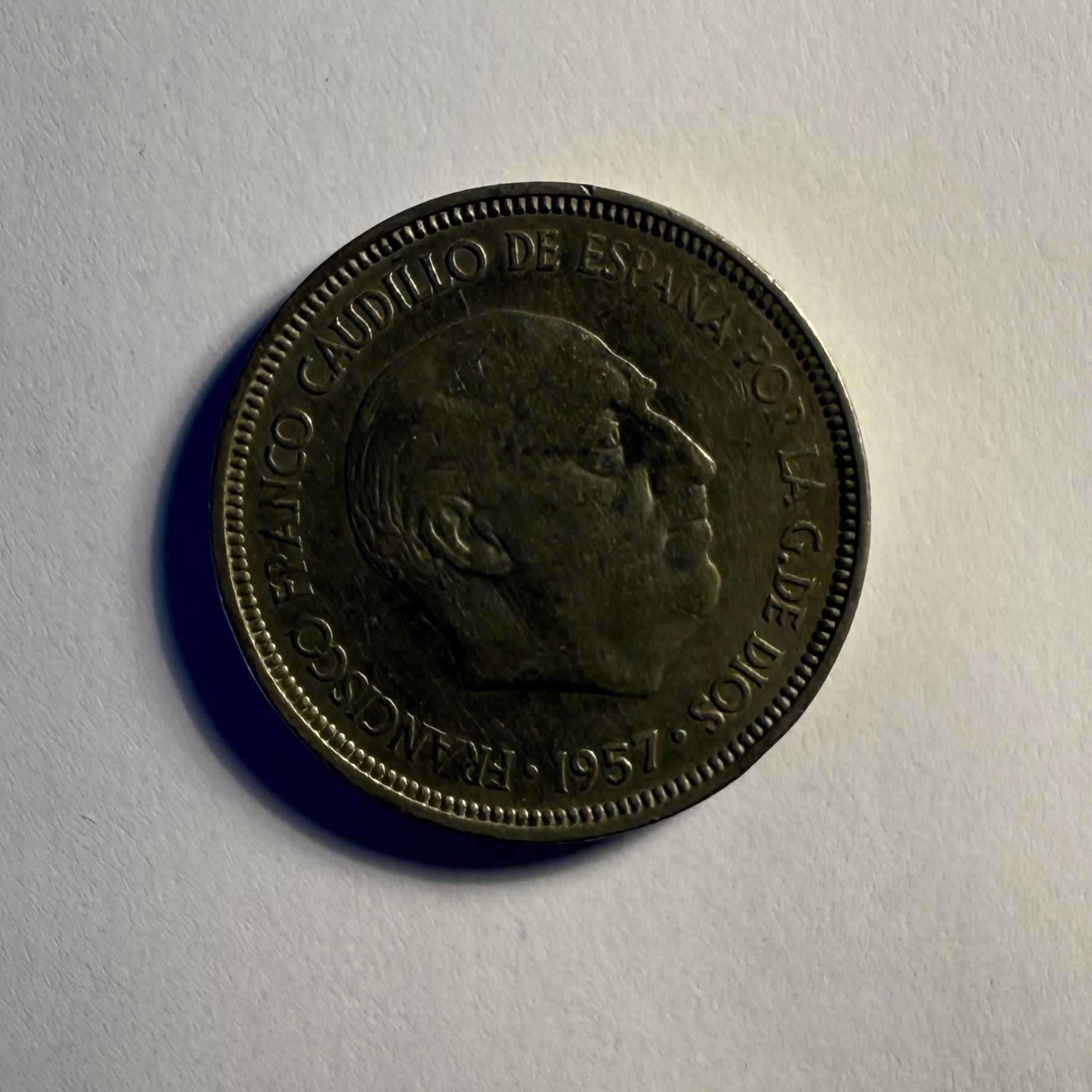 Reverso de 5 Pesetas, 1957, España · Francisco Franco 1939 - 1975