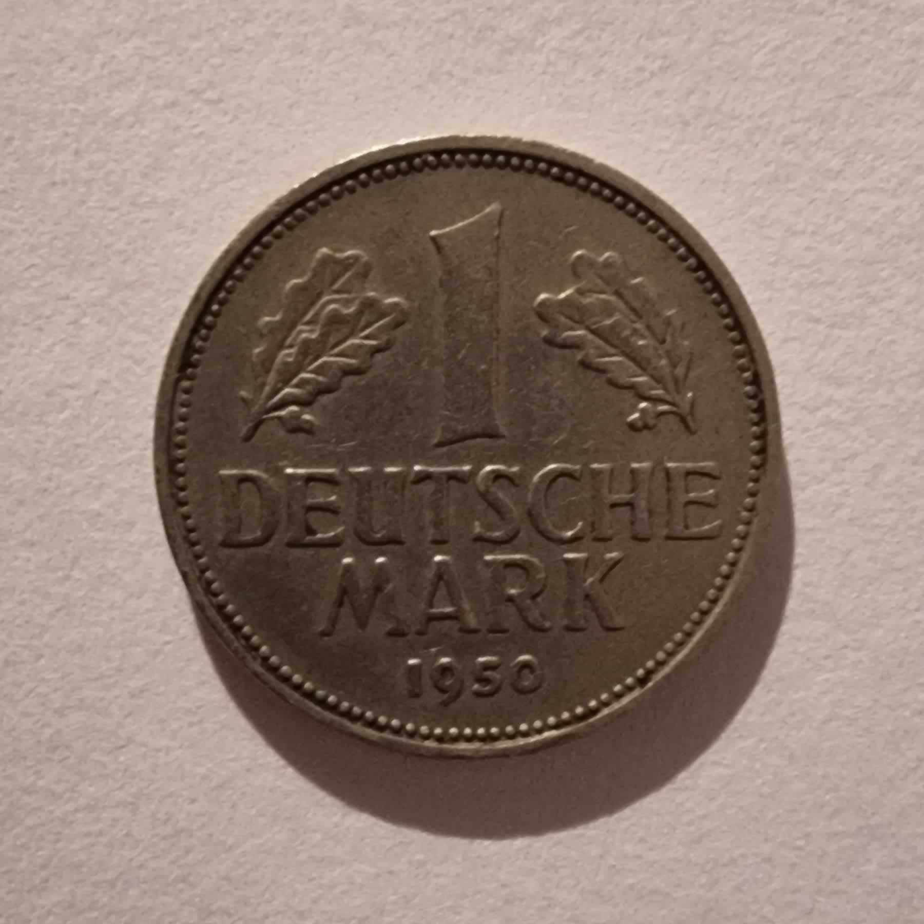 Reverso de 1 Deutsche Mark, 1950 D, Alemania · Rep. Federal