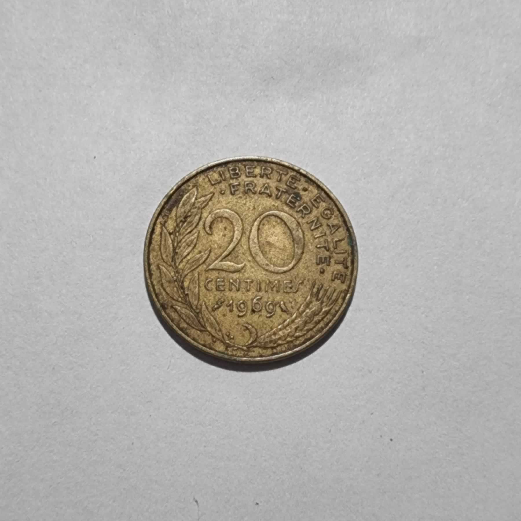 Reverso de 20 Centimes, 1969, Francia · 5ta República