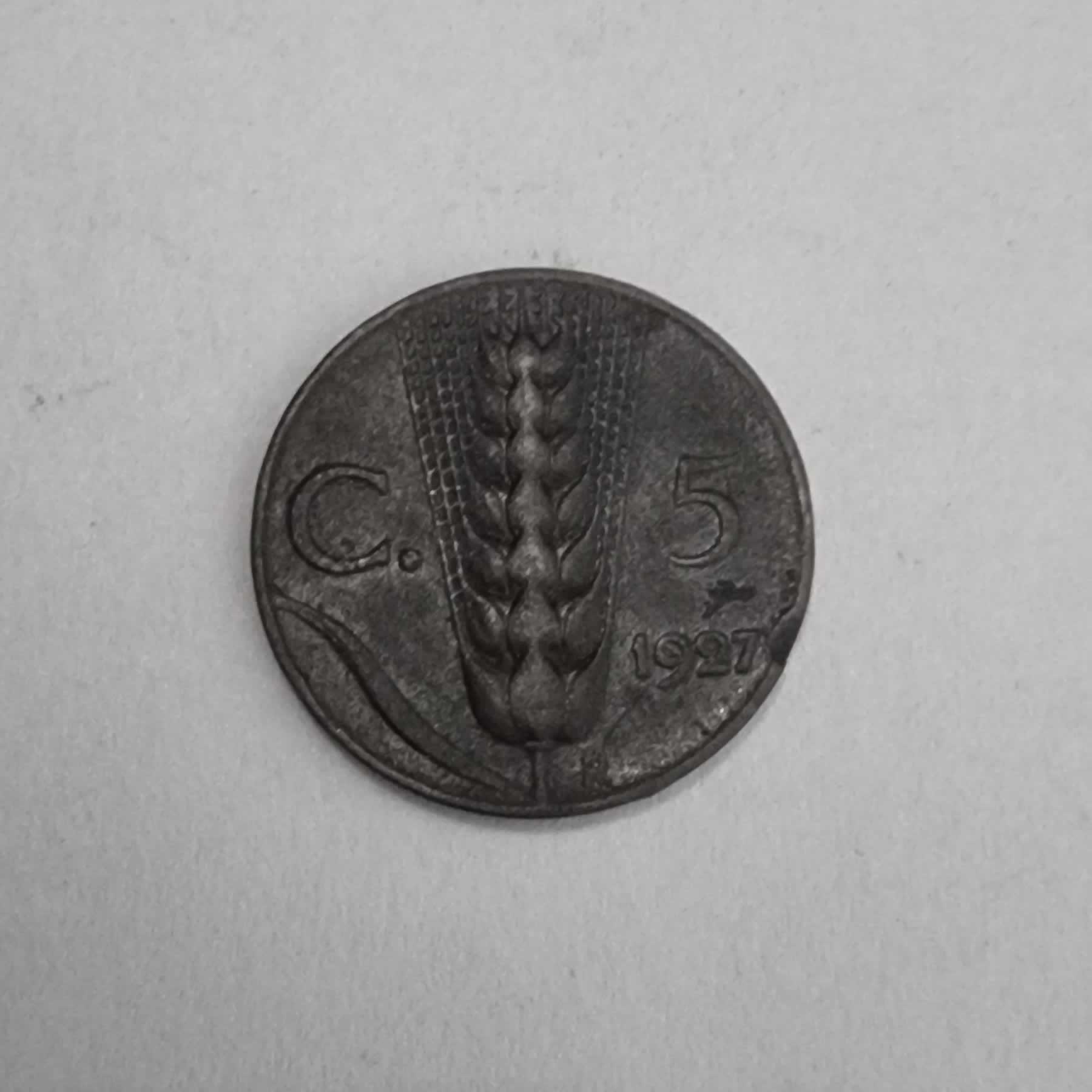 Reverso de 5 Centesimi, 1927 R, Italia · Reino