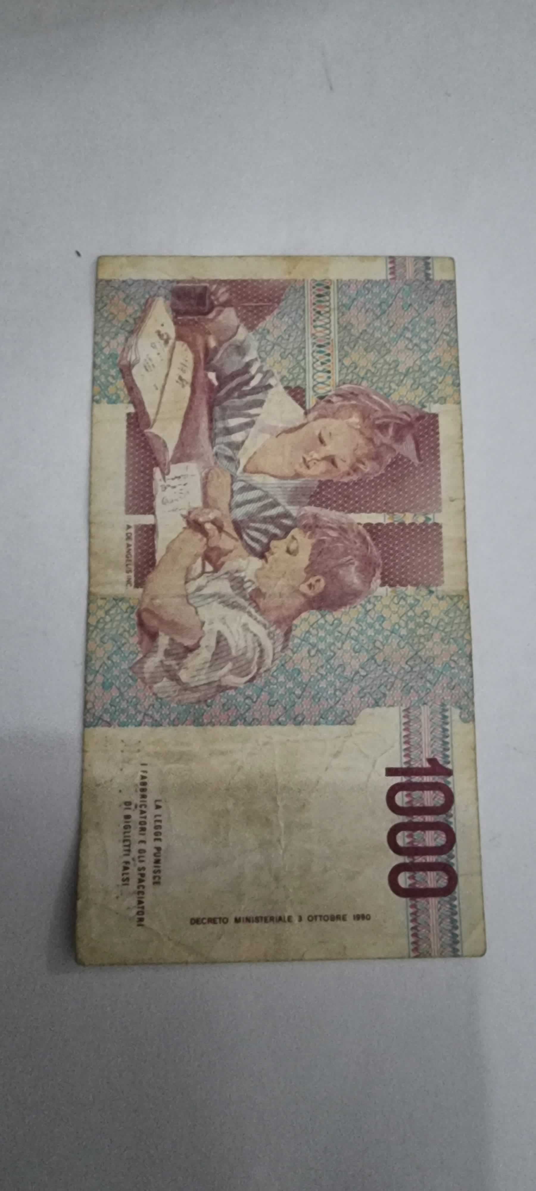Reverso de 1000 Lire, D. 1990, Italia · República