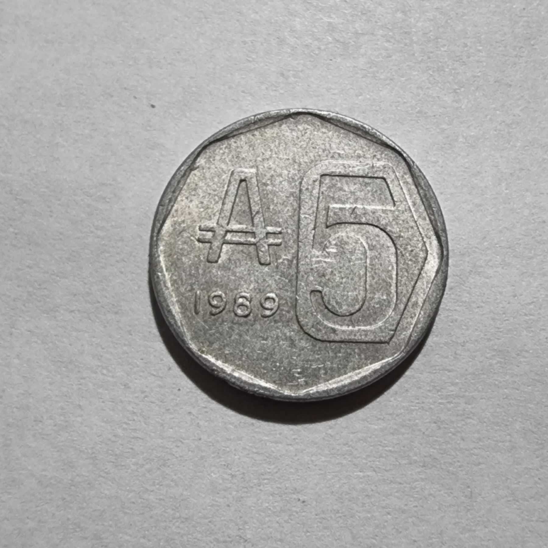Reverso de 5 Australes, 1989, Argentina
