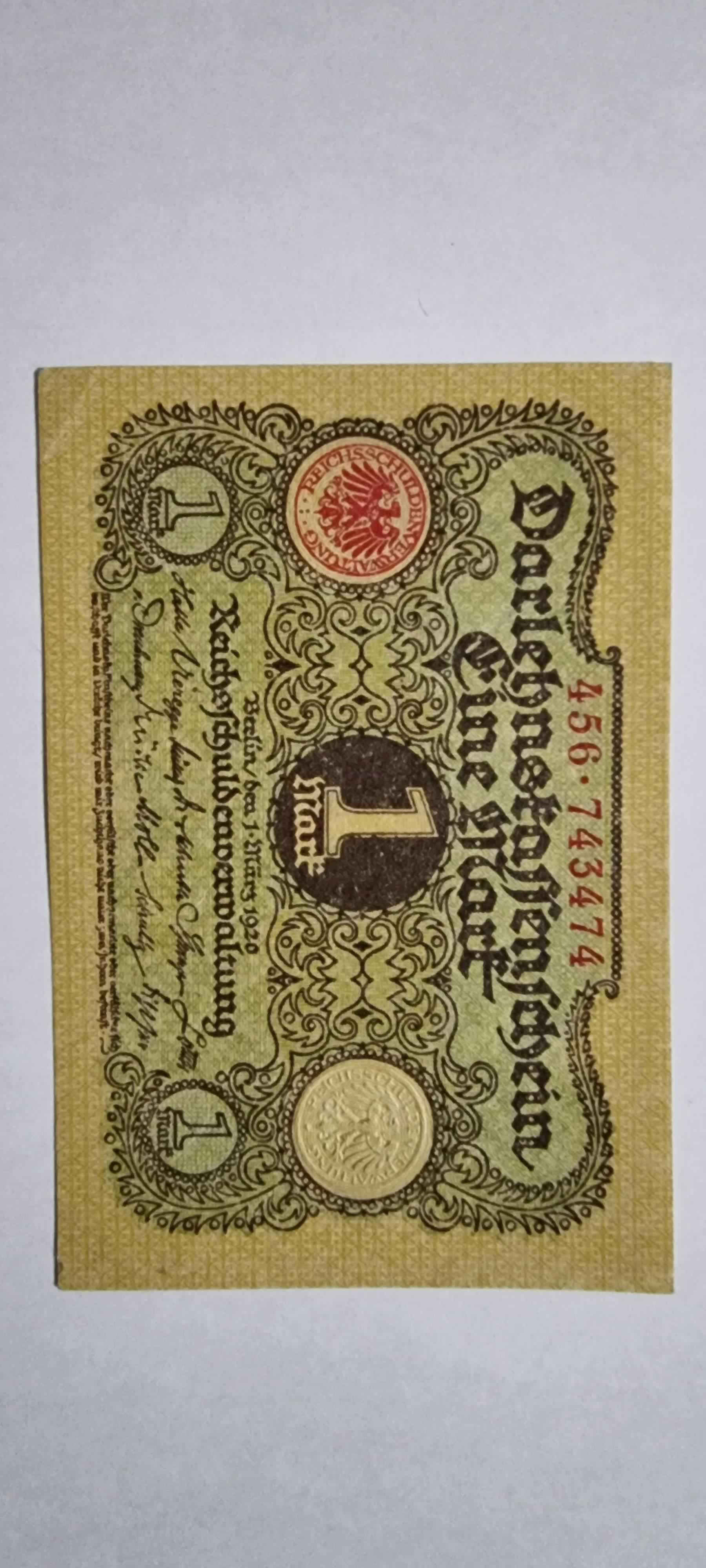 Reverso de 1 Mark, 1920, Alemania · Rep. Weimar