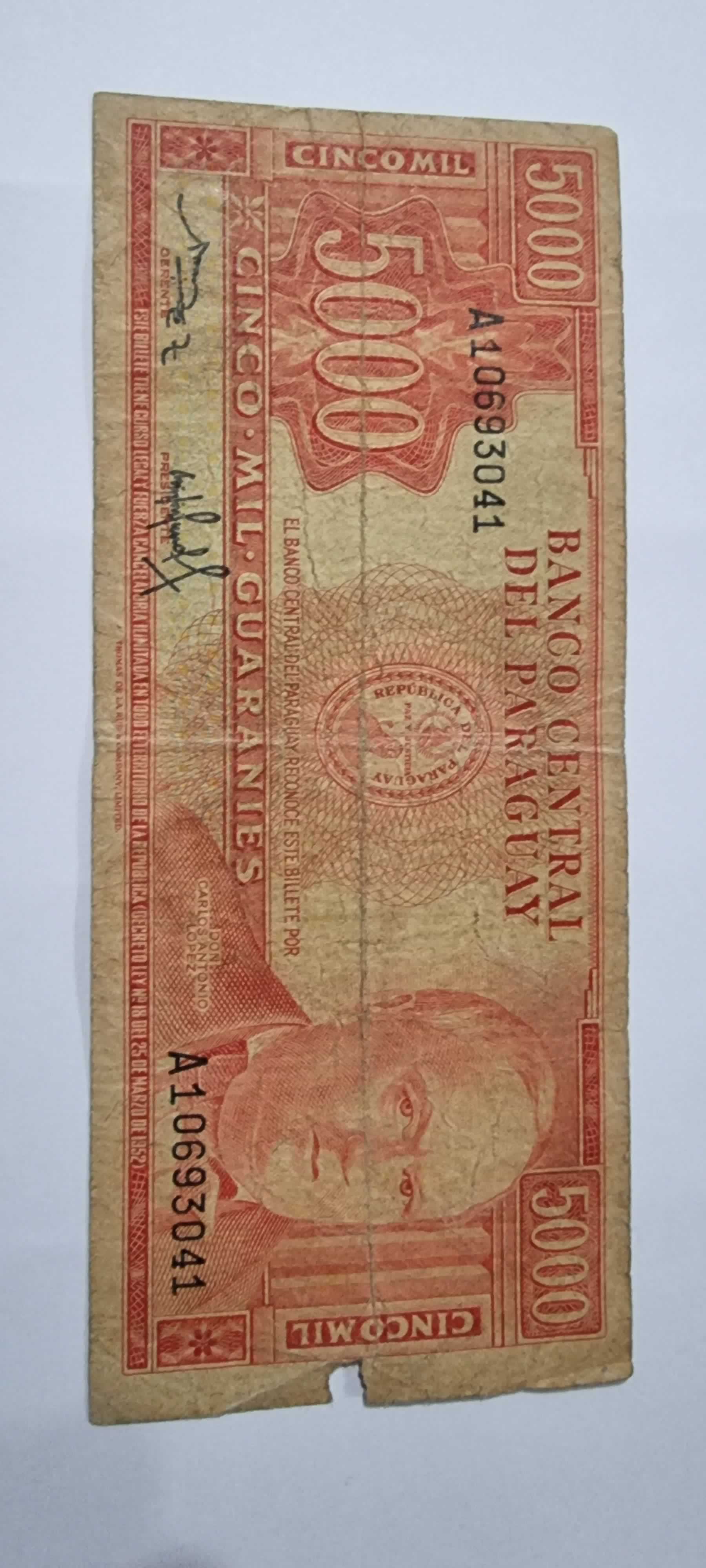 Anverso de 5000 Guaranies, L. 1952 b