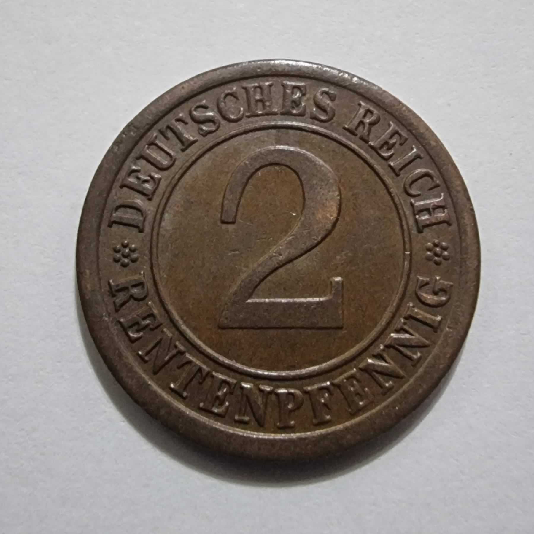 Reverso de 2 Rentenpfennig, 1924 J, Alemania · Rep. Weimar