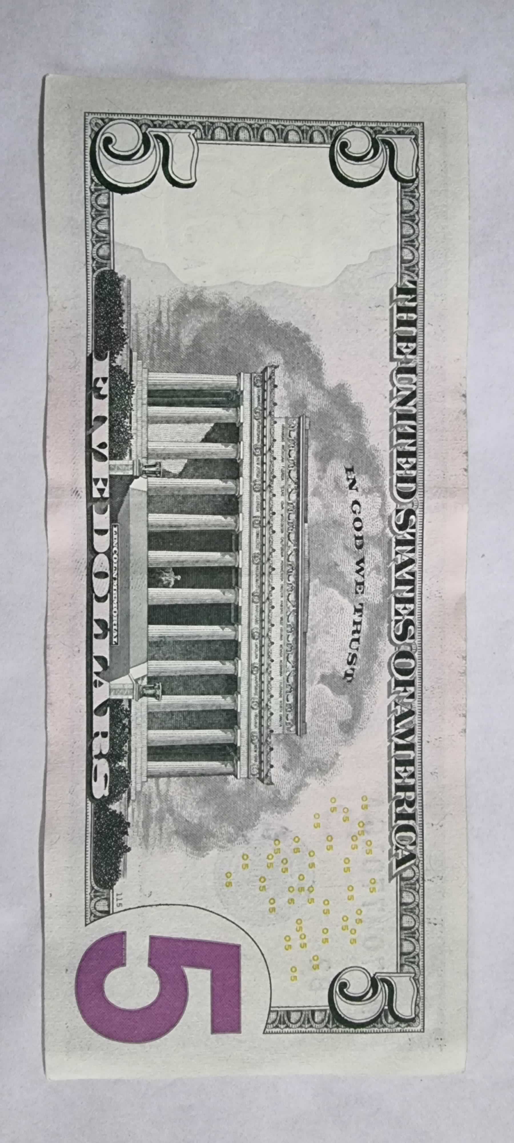 Reverso de 5 Dollars, 2013