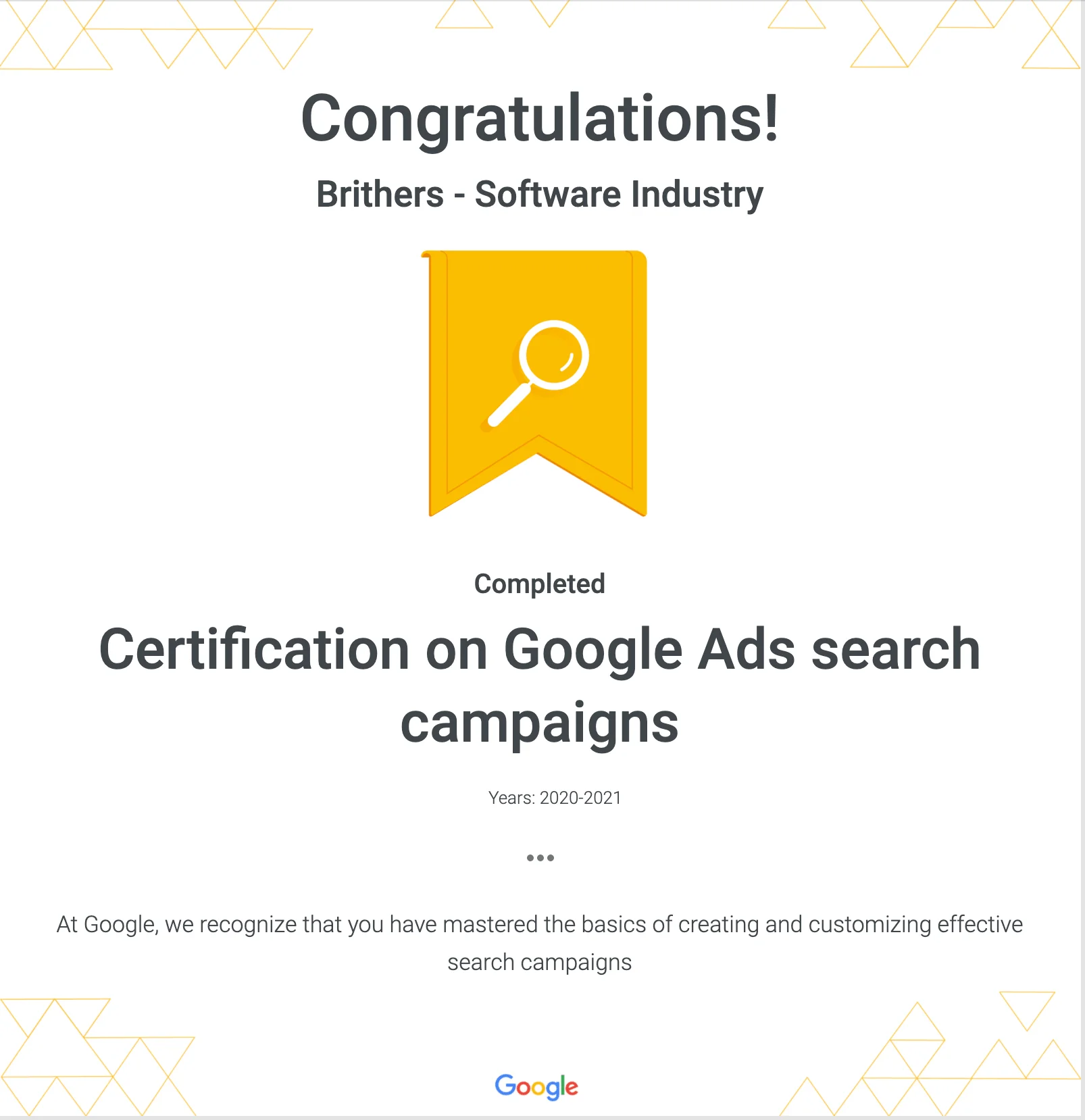 Google Ads certification obtained by Brithers