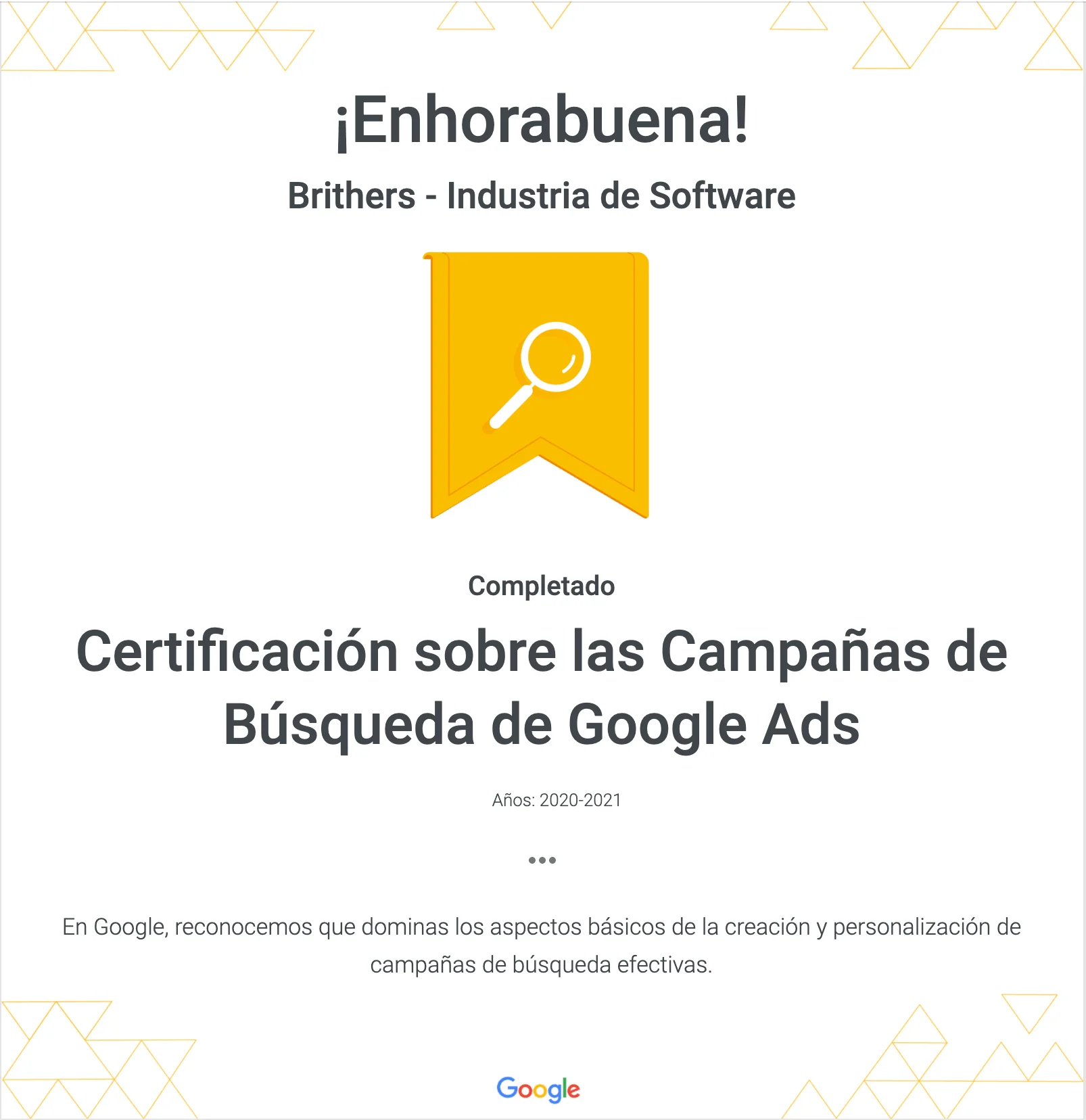 Certificación de Google Ads obtenida por Brithers