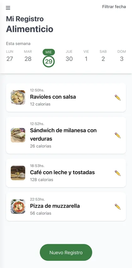 Registro diario de comidas en Comidex