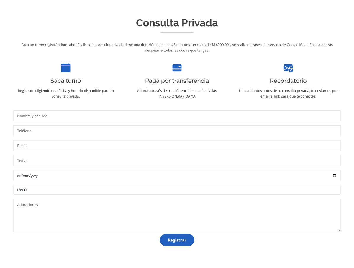Sección de consulta privada con los tres pasos y el formulario de reserva de turno