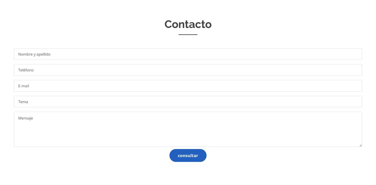 Formulario de contacto con nombre, teléfono, correo, tema y mensaje