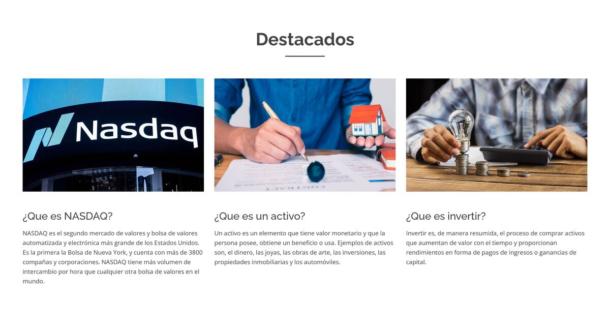 Tres notas destacadas con imagen sobre Nasdaq, activos e inversión