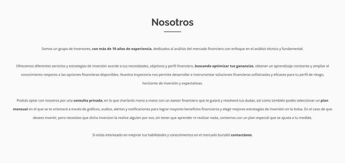 Sección Nosotros con el texto de presentación de la empresa